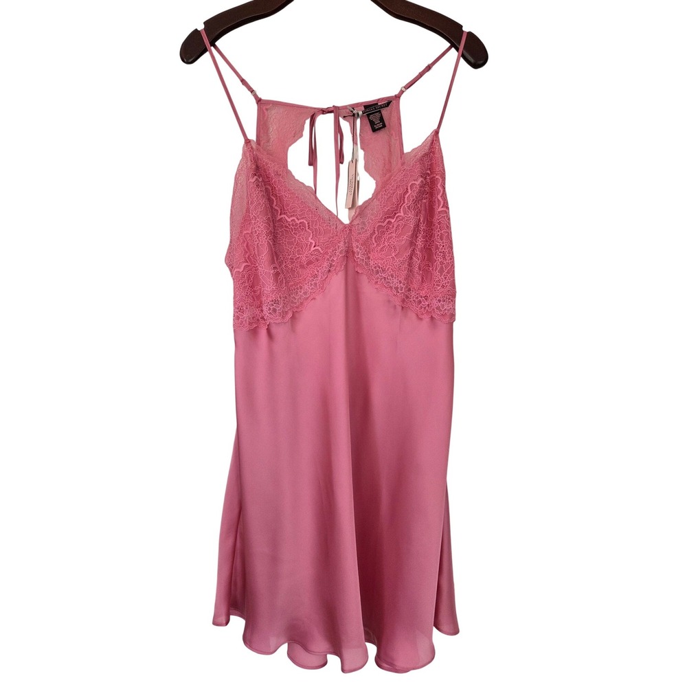Victoria's Secret Chemise Lace Satin Open Back Womens XL Pink NWT $82‎